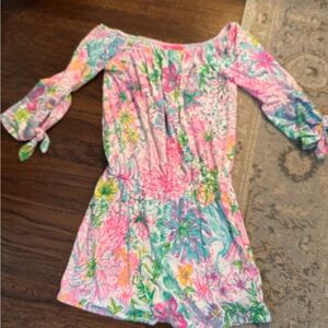 Lilly Pulitzer Pink Floral Off-Shoulder Romper with shorts underneath xxs